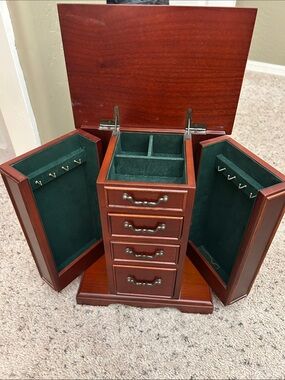 Bombay Cherry Wood Jewelry Chest with Green Velvet Lining